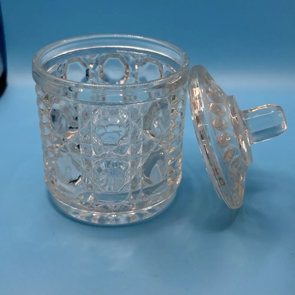 Federal Clear Glass Windsor Cane & Button Sugar Bowl with Lid &Grove for a Spoon